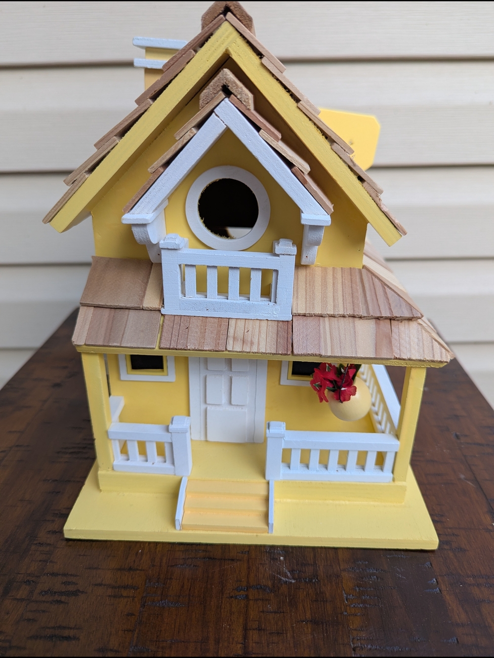 Charming Yellow Miniature Birdhouse with White Trim